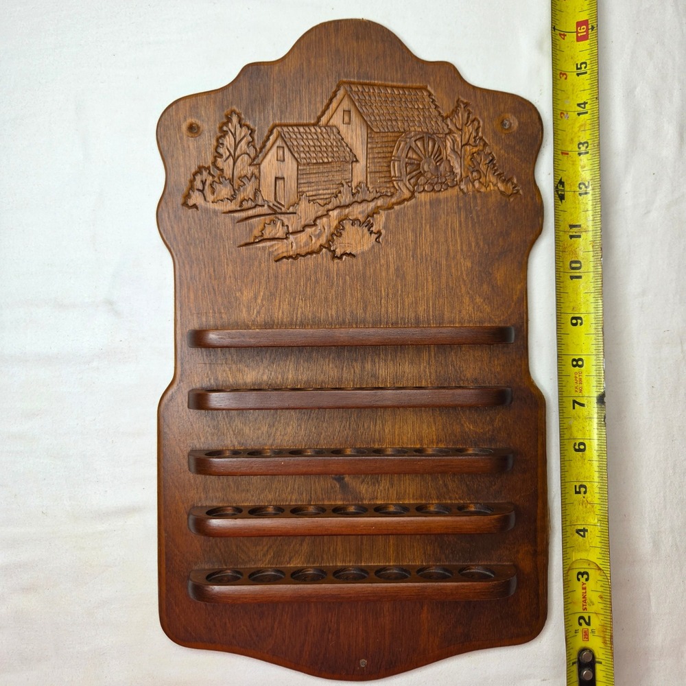 Vintage Wood Thimble Display Rack Wall Hanging Carved Water Mill Scene 35 Slots